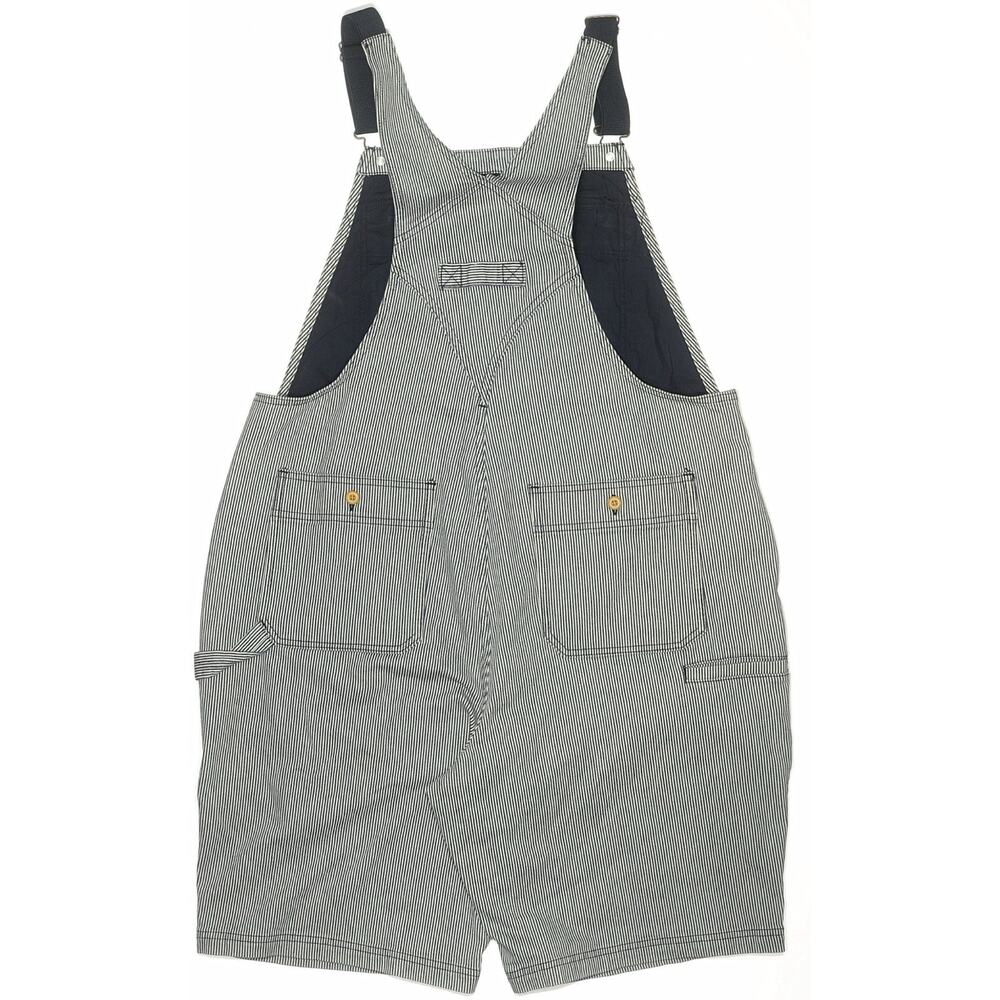 Duluth Trading Heirloom Railroad Striped Bib Shorts Overalls Sz L discontinued - Picture 5 of 7